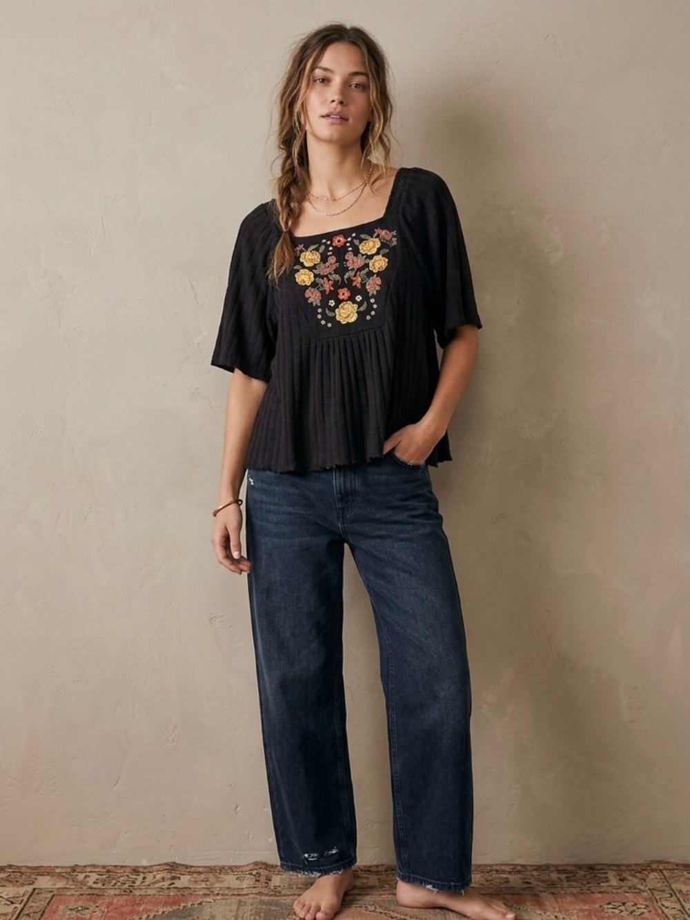 Coco + Jaimeson Embroidered Square-Neck Boho Top